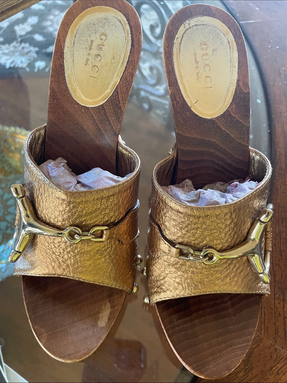 Gucci Metallic Gold Leather Horsebit Wood Slide Mules - Picture 1 of 3